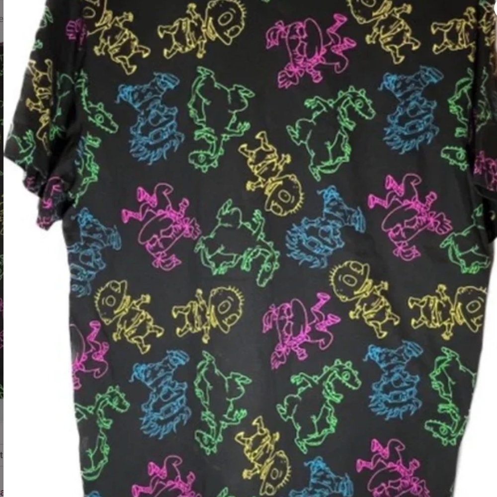 Rugrats Shirt Mens Large Black Neon‎ All Over Print Nickelodeon Cartoon Tee - Picture 9 of 11